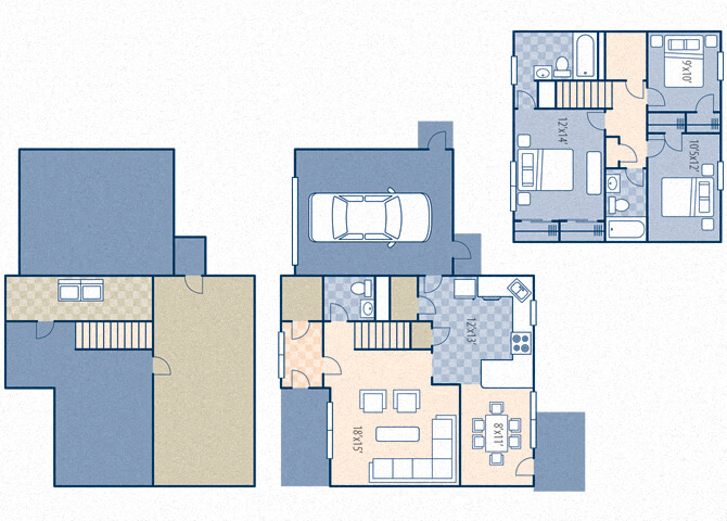 Floor plan for 3 beds, 2.5 baths, 1486 sqft